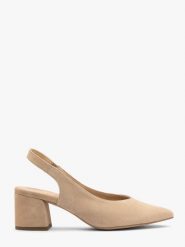 Beżowe czółenka slingback bez pięty ISABEL. Brązowe czółenka damskie Ryłko, bez wzorów, z materiału, eleganckie, bez obcasa, na obcasie, bez zapięcia. Za 349.99 zł.