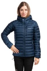 Kurtka puchowa damska Microlight Alpine Women. Niebieskie kurtki sportowe damskie RAB, na zimę, s, bez wzorów, z materiału, bez ramiączek, bez kaptura, trekkingowe. Za 1,079.99 zł.