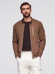 Męska strukturalna kurtka biker ze stójką – brązowa V2 - Rozmiar: XXL. Brązowe kurtki męskie Ombre Clothing, m, bez wzorów, z dzianiny, eleganckie, bez kaptura. W wyprzedaży za 217.49 zł.