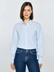 Koszula damska w paski niebieska Goplo 400. Niebieskie koszule damskie BIG STAR, l, bez wzorów, z bawełny, biznesowe, bez kołnierzyka, bez ramiączek. Za 229.99 zł.