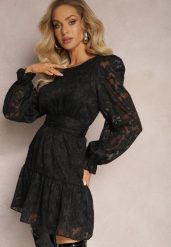 Czarna Rozkloszowana Sukienka Mini z Tkaniny Plumeti Marsane. Czarne sukienki damskie Renee, na spotkanie biznesowe, l, bez wzorów, z tkaniny, bez kołnierzyka, bez ramiączek, mini, rozkloszowane. Za 129.99 zł.