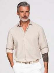 Męska wiskozowo-lniana koszula o kroju regular - beżowa V1 - Rozmiar: S. Szare koszule męskie Ombre Clothing, m, bez wzorów, z denimu, biznesowe, bez kołnierzyka, bez ramiączek. Za 289.99 zł.