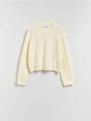 Strukturalny sweter - kremowy. Białe swetry nierozpinane damskie Reserved, l, bez wzorów, z dzianiny, bez kołnierzyka, bez ramiączek. Za 129.99 zł.