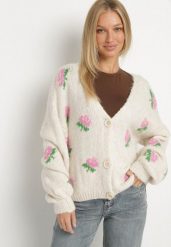 Jasnobeżowy Kardigan Oversize z Domieszką Wełny w Kwiatowy Wzór Nelenea. Brązowe kardigany damskie Born2be, bez wzorów, z jeansu, bez kołnierzyka. Za 169.99 zł.