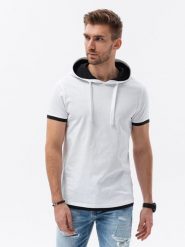 T-shirt męski z kapturem - biały V1 - Rozmiar: M. Białe t-shirty męskie Ombre Clothing, m, bez wzorów, z bawełny, bez kołnierzyka, bez ramiączek. W wyprzedaży za 29.99 zł.