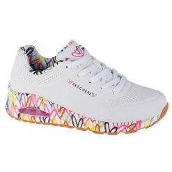 Buty sportowe Sneakersy damskie, Uno-Loving Love. Białe obuwie sportowe damskie Skechers, bez wzorów, z materiału, bez zapięcia, trekkingowe. Za 379.99 zł.
