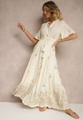 Beżowa Rozkloszowana Sukienka Boho z Wiskozy Zdobiona Haftem i Wiązaniem Falvania. Brązowe sukienki damskie Renee, na randkę, l, z aplikacjami, z jeansu, boho, bez kołnierzyka, bez ramiączek, maxi, rozkloszowane. Za 139.99 zł.
