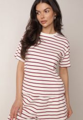 Czerwono-Biały Bawełniany T-shirt w Poziome Paski Rive. Białe t-shirty damskie Born2be, l, bez wzorów, z bawełny, klasyczne, bez kołnierzyka, bez ramiączek. Za 59.99 zł.