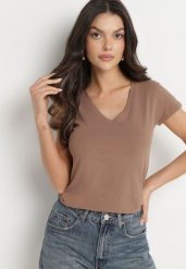 Brązowy T-shirt z Bawełny z Dekoltem w Serek Liniviela. Brązowe t-shirty damskie Born2be, xs, bez wzorów, z bawełny, bez kołnierzyka, bez ramiączek. Za 29.99 zł.
