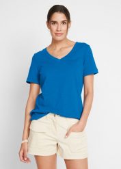 T-shirt z czystej bawełny. Białe t-shirty damskie bonprix, bez wzorów, z bawełny, bez kołnierzyka, bez ramiączek. Za 37.99 zł.
