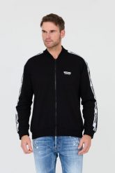 MOSCHINO Czarna bluza z lampasami. Czarne bluzy męskie MOSCHINO, l, bez wzorów, bez ramiączek, bez kaptura. W wyprzedaży za 799.99 zł.
