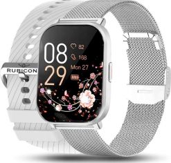 Prostokątny smartwatch srebrny sportowy z dwoma paskami zestaw. Szare zegarki smartwatch Rubicon, bez wzorów. Za 301.07 zł.