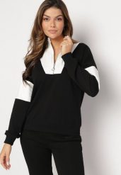 Czarna Bawełniana Bluza z Półgolfem i Krótkim Suwakiem Sorellia. Czarne bluzy damskie Born2be, bez wzorów, z bawełny, casualowe, bez ramiączek, bez kaptura. Za 89.99 zł.