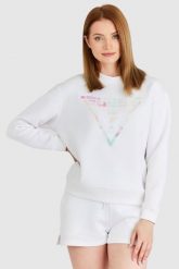 GUESS Biała bluza damska z odblaskowym logo. Białe bluzy damskie Guess, s, z aplikacjami, z bawełny, bez ramiączek, bez kaptura. W wyprzedaży za 249.99 zł.