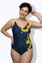 Damskie Strój kąpielowy cytryny miękkie miseczki wycięcie łezka. Niebieskie stroje kąpielowe damskie Ulla Popken, plus size, bez wzorów, z elastanu. Za 191.99 zł.
