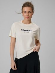 4F T-shirt loose z nadrukiem damski - beżowy M. Brązowe t-shirty damskie 4F, m, bez wzorów, z bawełny, bez kołnierzyka, bez ramiączek. Za 79.99 zł.