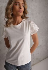 Biały T-shirt z Bawełny z Rękawami z Koronki Hycis. Białe t-shirty damskie Renee, m, bez wzorów, z bawełny, bez kołnierzyka, bez ramiączek. Za 69.99 zł.