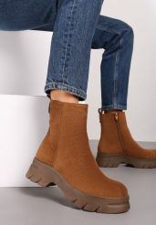 Brązowe Casualowe Botki z Ekozamszu na Platformie Naolara. Brązowe botki damskie Renee, bez wzorów, z jeansu, eleganckie, bez obcasa, na platformie, bez zapięcia. Za 129.99 zł.
