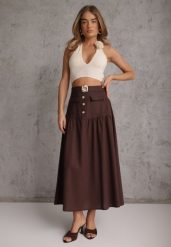 Brązowa Elegancka Spódnica z Wiskozą i Lnem o Rozkloszowanym Kroju Phridoe. Brązowe spódnice damskie Renee, m, bez wzorów, ze lnu, eleganckie, maxi, rozkloszowane. Za 119.99 zł.