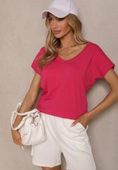 Fuksjowy T-shirt z Bawełny z Dekoltem w Serek Linithiela. Czerwone t-shirty damskie Renee, xl, bez wzorów, z bawełny, bez kołnierzyka, bez ramiączek. Za 39.99 zł.