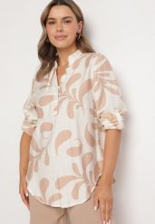 Jasnobeżowa Koszulowa Bluzka z Wiskozy w Roślinny Wzór z Dekoltem w Serek Koladoretia. Brązowe bluzki damskie Born2be, m, bez wzorów, z jeansu, eleganckie, bez kołnierzyka, bez ramiączek. Za 69.99 zł.