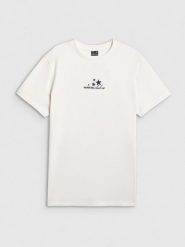 4F T-shirt oversize z nadrukiem damski - beżowy XS. Brązowe t-shirty damskie 4F, xs, bez wzorów, z dzianiny, bez kołnierzyka, bez ramiączek. Za 79.99 zł.