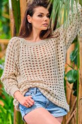 Oversizowy Sweter w Ażurowy Wzór - Beżowy. Brązowe swetry nierozpinane damskie Awama, uniwersalny, w ażurowe wzory, z materiału, bez kołnierzyka, bez ramiączek. Za 249.90 zł.