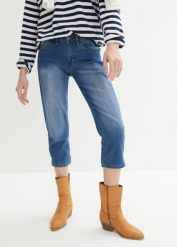 Dżinsy Slim Fit mid waist, cropped. Niebieskie jeansy damskie bonprix, bez wzorów, z jeansu. Za 84.99 zł.