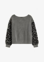 Sweter w cętki leoparda. Szare swetry nierozpinane damskie bonprix, bez wzorów, bez kołnierzyka, bez ramiączek. Za 129.99 zł.