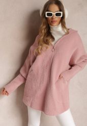 Różowy Płaszcz Wełniany Oversize Zasuwany z Kapturem Lanai. Czerwone płaszcze damskie Renee, bez wzorów, z bawełny, eleganckie, bez kołnierzyka, z kapturem. Za 209.99 zł.