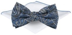 Mucha Męska z Poszetką - Chattier - Niebieska z Wzorem Paisley. Niebieskie krawaty i muchy Chattier, bez wzorów, eleganckie. Za 65.00 zł.