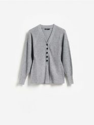 Kardigan z domieszką wiskozy - szary. Szare kardigany damskie Reserved, l, bez wzorów, z dzianiny, bez kołnierzyka. Za 139.99 zł.