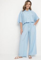 Niebieski Wiskozowy Komplet Oversize Koszula z Krótkim Rękawem i Spodnie Dovilissea. Niebieskie koszule damskie Born2be, m, bez wzorów, z wiskozy, eleganckie, bez kołnierzyka, bez ramiączek. Za 119.99 zł.