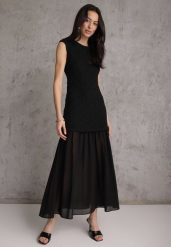 Czarna Ażurowa Sukienka z Transparentnym Dołem i Usztywnionymi Ramionami Semiris. Czarne sukienki damskie Renee, m, w ażurowe wzory, klasyczne, bez kołnierzyka, bez ramiączek, maxi, dopasowane. Za 129.99 zł.