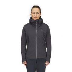 Kurtka przeciwdeszczowa damska Rab Women's Downpour Light Jacket z kapturem. Szare kurtki sportowe damskie RAB, s, bez wzorów, bez ramiączek, z kapturem, trekkingowe. Za 539.99 zł.