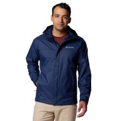 Kurtka sportowa męska Watertight II Rain Jacket. Niebieskie kurtki sportowe męskie Columbia, m, bez wzorów, z materiału, z kapturem, trekkingowe. Za 418.91 zł.