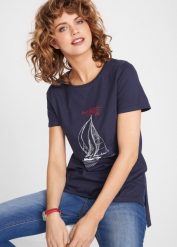 T-shirt bawełniany z rozcięciem z boku i nadrukiem. Białe t-shirty damskie bonprix, bez wzorów, z bawełny, bez kołnierzyka, bez ramiączek. Za 64.99 zł.