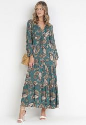 Zielona Sukienka Anastolea. Zielone sukienki damskie Born2be, l, z aplikacjami, boho, bez kołnierzyka, bez ramiączek, maxi, kopertowe. Za 109.99 zł.