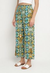 Zielone Spodnie Szerokie z Bawełny w Etno Print Tolivenna. Zielone spodnie materiałowe damskie Born2be, bez wzorów, z bawełny, eleganckie. Za 29.99 zł.