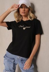 Czarna Bawełniana Bluzka z Napisem Nalenis. Czarne bluzki damskie Renee, m, z aplikacjami, z bawełny, sportowe, bez kołnierzyka, bez ramiączek. Za 39.99 zł.