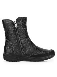 Rieker Botki Z7055-00 Czarny. Czarne botki damskie Rieker, bez wzorów, ze skóry, bez obcasa, na płaskiej podeszwie, bez zapięcia. W wyprzedaży za 335.99 zł.