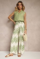 Zielone Spodnie z Wiskozy o Szerokim Kroju High Waist ze Wzorem Boho Neolissea. Zielone spodnie materiałowe damskie Renee, na lato, bez wzorów, z jeansu, boho, z podwyższonym stanem. Za 39.99 zł.