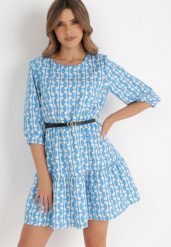 Niebieska Sukienka z Paskiem Actiolea. Niebieskie sukienki damskie Born2be, l, bez wzorów, klasyczne, bez kołnierzyka, bez ramiączek, mini. Za 29.99 zł.