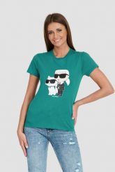 KARL LAGERFELD Turkusowy t-shirt Ikonik 2.0. Niebieskie t-shirty damskie KARL LAGERFELD, s, bez wzorów, bez kołnierzyka, bez ramiączek. W wyprzedaży za 299.99 zł.