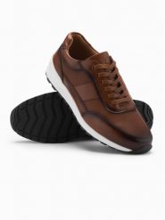 Męskie buty sportowe sneakersy ze skóry ekologicznej – brązowe V1 OM-FOSL-0181 - 44. Brązowe buty sportowe męskie Ombre Clothing, z aplikacjami, z gumy, bez zapięcia. Za 179.99 zł.