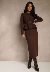 Brązowy Elegancki Komplet Garniturowy z Wiskozą Taliowana Marynarka i Spódnica Zaite. Brązowe marynarki i żakiety damskie Renee, z aplikacjami, z wiskozy, eleganckie, bez kołnierzyka, bez ramiączek. Za 209.99 zł.