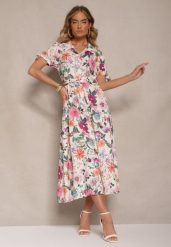 Jasnobeżowa Koszulowa Sukienka w Kwiaty o Rozkloszowanym Fasonie z Paskiem Fevalirra. Brązowe sukienki damskie Renee, na spotkanie biznesowe, na lato, m, bez wzorów, eleganckie, bez kołnierzyka, bez ramiączek, maxi, kopertowe. Za 89.99 zł.