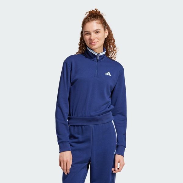 Bluza dresowa Essentials Color Pop French Terry Crop Quarter-Zip. Niebieskie bluzy damskie Adidas, xs, bez wzorów, z dresówki, sportowe, bez ramiączek, bez kaptura. Za 249.00 zł.
