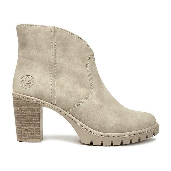 Botki Rieker. Brązowe botki damskie Rieker, bez wzorów, bez obcasa, na słupku, bez zapięcia. Za 239.99 zł.