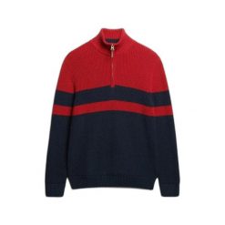 Sweter w paski z zamkiem na kołnierzu Superdry Classic. Czerwone swetry męskie Superdry, na zimę, m, bez wzorów, z dzianiny, eleganckie, bez kołnierzyka, bez ramiączek. Za 392.55 zł.